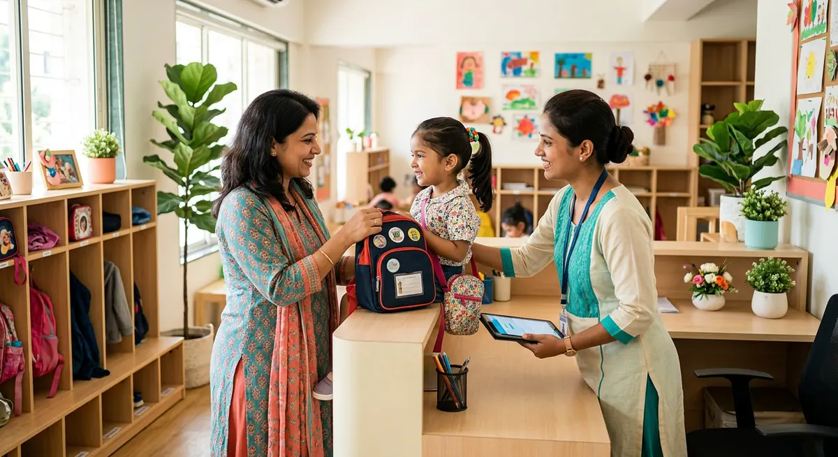 An educator welcomes a child and parent at the centre's front desk during check-in.