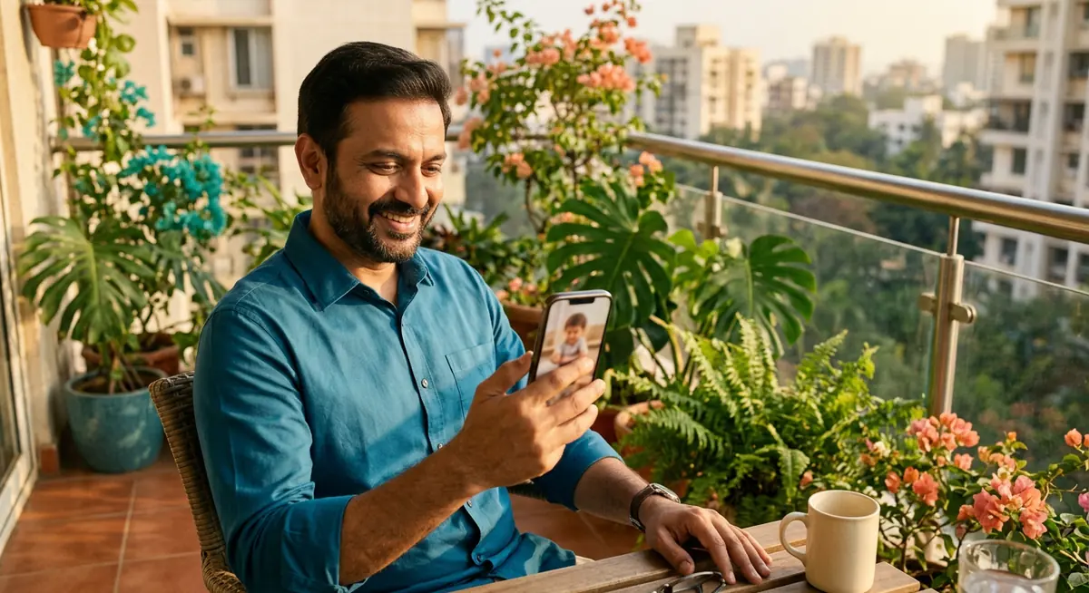 A smiling parent looks at a photo update of their child on a phone.