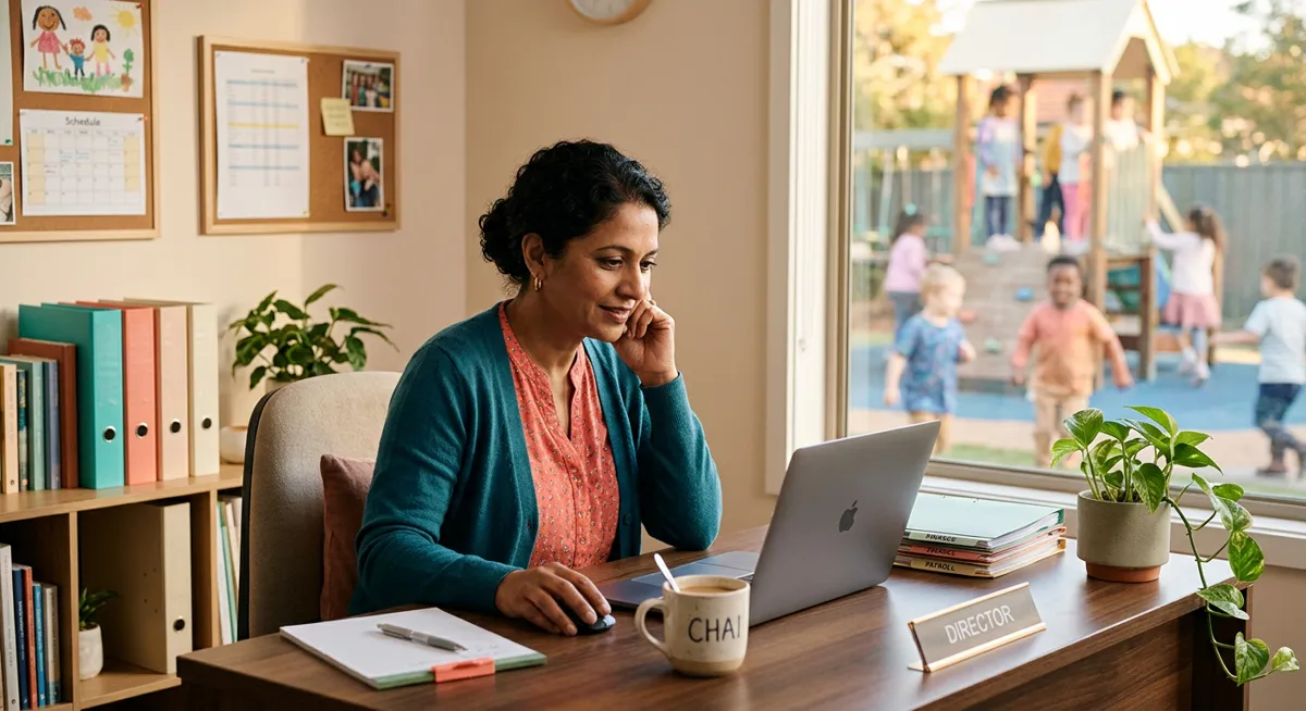 A centre director smiles while reviewing finances on a laptop in her office.
