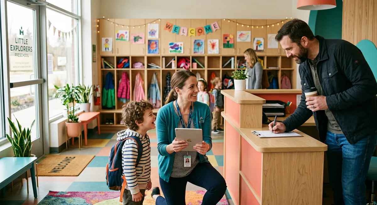 A teacher kneels to check a smiling child in on a tablet at the centre's front desk.