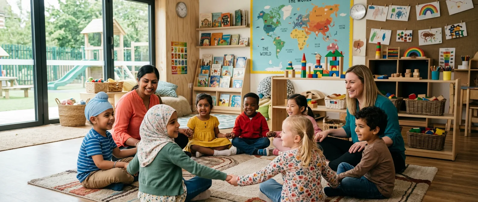 A bright classroom where a teacher plays with toddlers while a parent waves from the door.