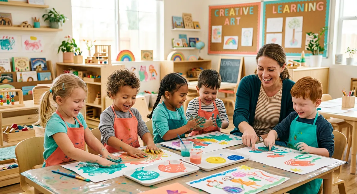 Toddlers in aprons finger-painting at a table with their smiling teacher.