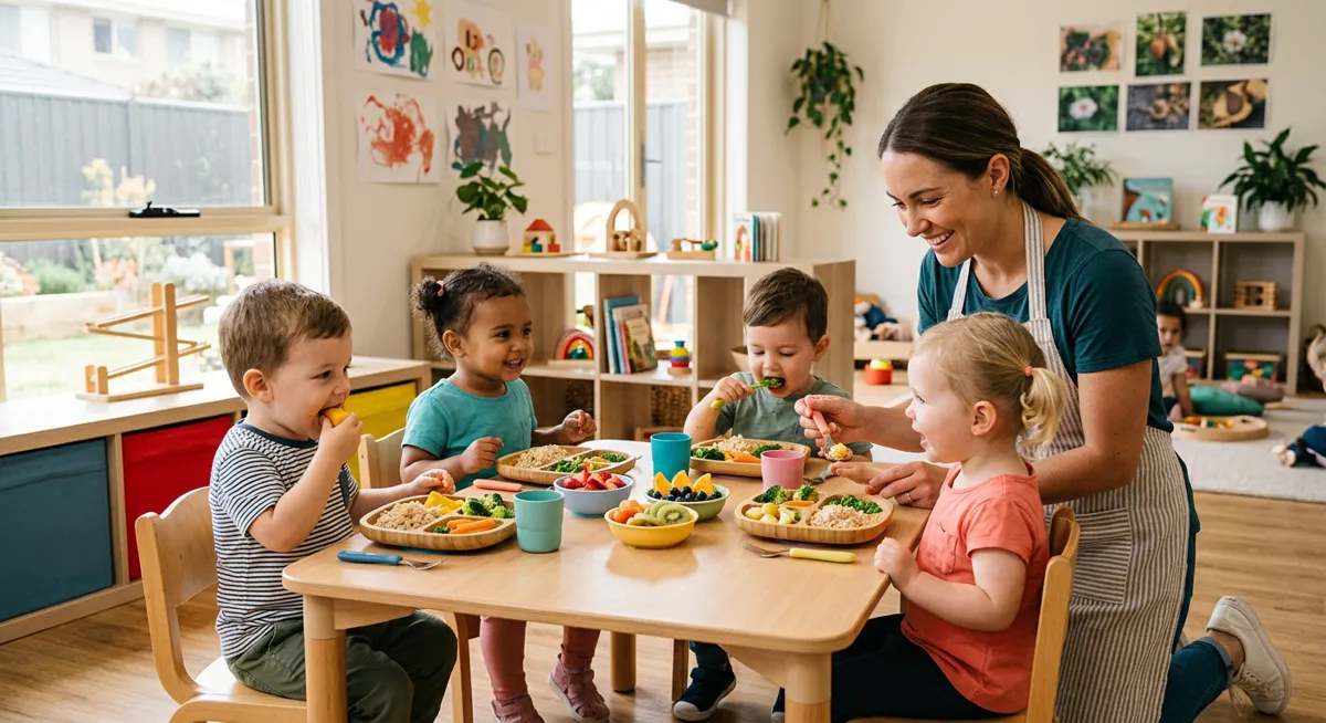 Toddlers enjoy a healthy lunch at a low table while a teacher helps them.